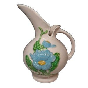 Vintage MCM Hull Art Pottery Pink Pitcher Vase With Blue Flower H-11 .5 U.S.A.